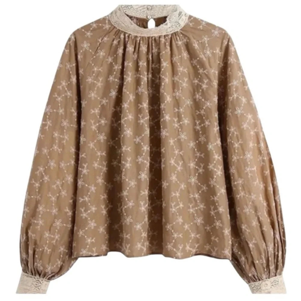 Zara Cotton Embroidered Lace-Trim Puff Sleeve Blouse Snall Cottagecore